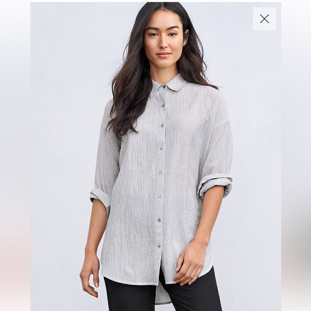 Eileen Fisher Light Gray Button-Down Tunic Shirt